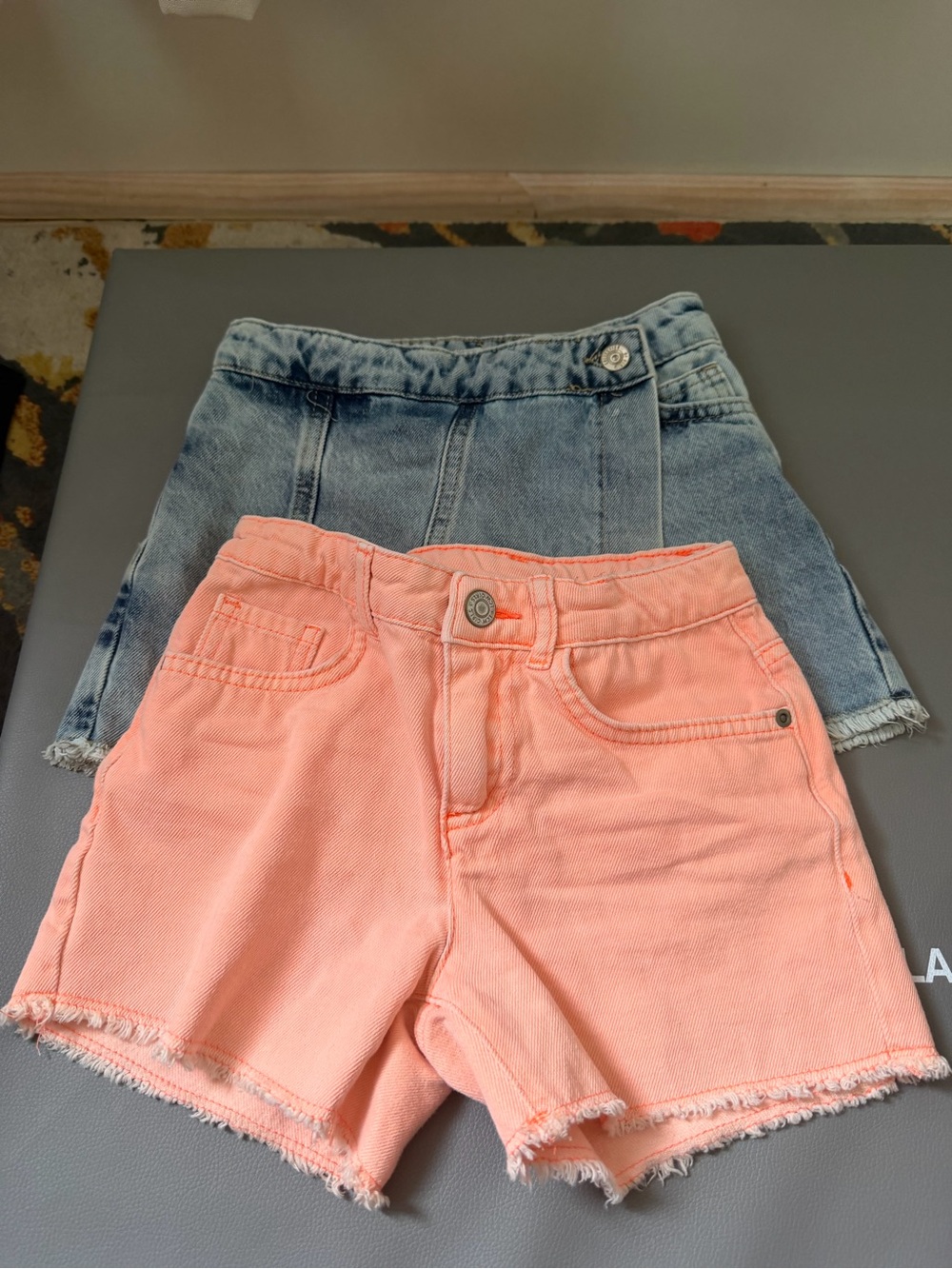 Set of Kids Denim Skort with Frayed Hem and Jean Shorts. Girls 7-8 yo